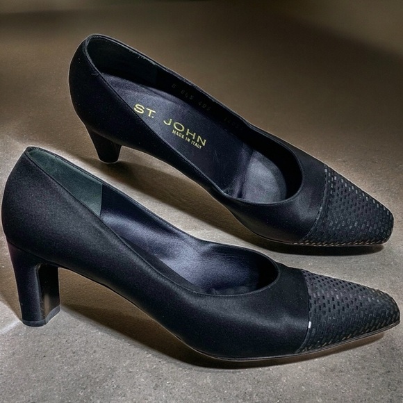 St. John Shoes - St John Vintage Paillette Black Satin Embellished Square Toe Vintage Heels 8.5